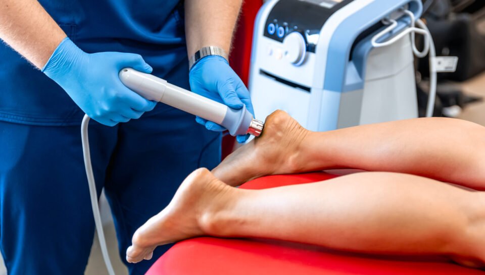 Patient getting non-surgical treatment with shock waves for plantar fasciitis. Shock wave therapy, the magnetic field, rehabilitation, physiotherapist doctor performs surgery on a patient's heel.