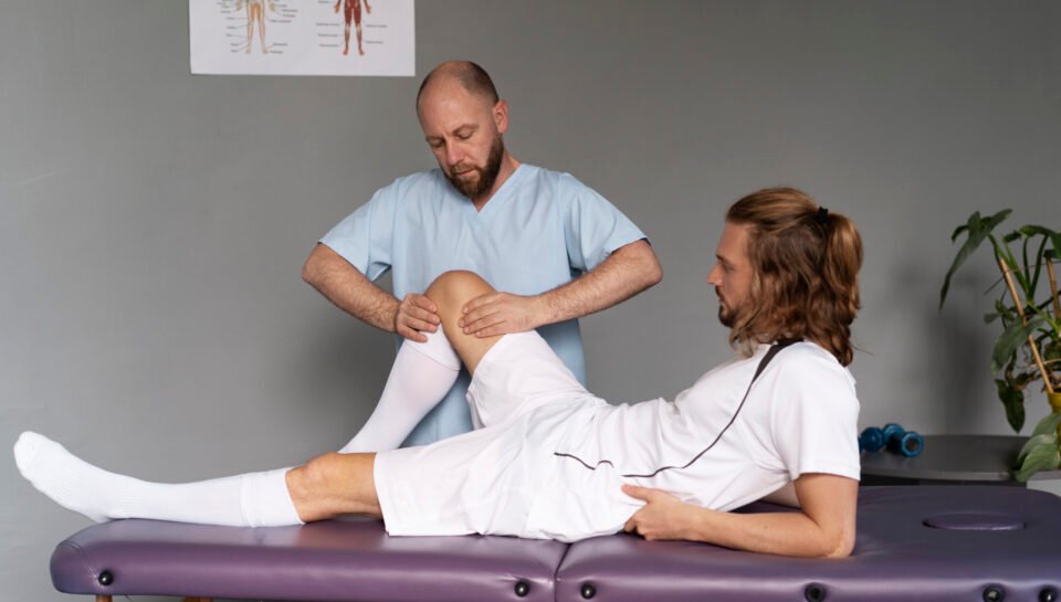 physiotherapist-helping-patient-full-shot (1) Knee Pain Treatment & Physiotherapy-AR Clinics