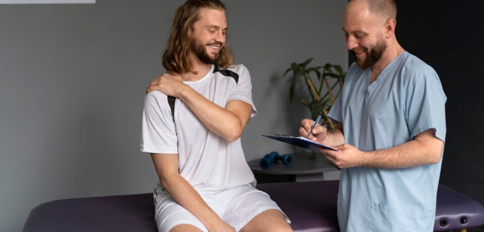 physiotherapist-helping-patient-side-view Building Strong Physiotherapist-Patient Relationships - AR Clinics